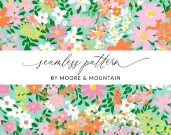 Orange Floral Background Pattern, Retro Flowers Background, Beachy Floral Repeating Pattern for Textile Design, Commercial Use Orange Flower
