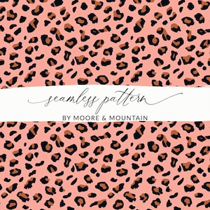 May include: A seamless leopard print pattern with black and brown spots on a light pink backdrop. The design includes the text "seamless pattern" and "BY MOORE & MOUNTAIN" on a white banner, creating a repeating animal print.