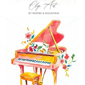 May include: Watercolor illustration of a grand piano in shades of pink and yellow, adorned with floral accents. The image includes a piano bench and sheet music. Text at the top reads "PNG + SVG Clip Art by Moore & Mountain".