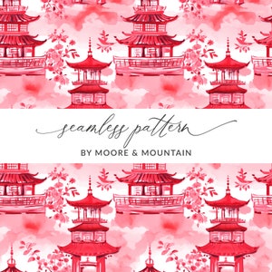 Chinese Pagoda Background Pattern Seamless Chinese New Years Pattern, Red Chinese Inspired Background for Textile Design, Red Watercolor