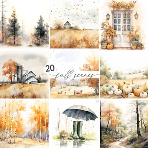 Könnte beinhalten: Eine Collage aus 20 Aquarellbildern, die verschiedene Herbstszenen darstellen. Die Szenen umfassen ein Bauernhaus, einen Wald, eine Tür mit Kürbissen und ein paar Kühe auf einem Feld. Der Text "20 fall scenes" ist in einer dekorativen Schrift geschrieben.