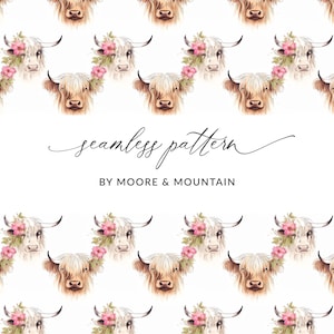 Seamless Highland Cow Pattern, Boho Highland Cow Digital Paper ...