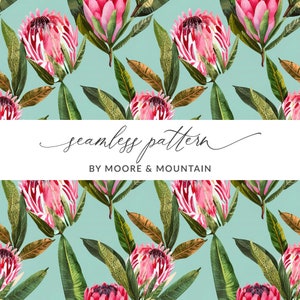 May include: A seamless pattern featuring pink protea flowers and green leaves on a light blue background. The text "seamless pattern by Moore & Mountain" is displayed on a white banner.