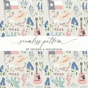 May include: A seamless pattern featuring Texas state flags, cowboy hats, guitars, and bluebonnet flowers. The design includes the word "TEXAS" and the text "seamless pattern BY MOORE & MOUNTAIN" on a light gray background.