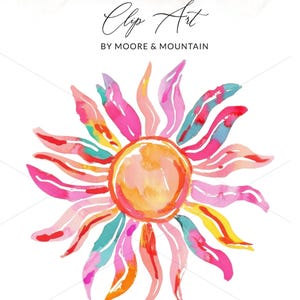 May include: A vibrant watercolour sun illustration in shades of pink, orange, yellow, and teal. The image includes the text "PNG + SVG Clip Art" and "BY MOORE & MOUNTAIN". The text "INSTANT DOWNLOAD + COMMERCIAL USE" is at the bottom.