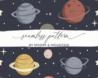 Seamless Planets Background, Solar System Background, Cute Planets Seamless Pattern, Outerspace Background, Cute Planets Digital Paper