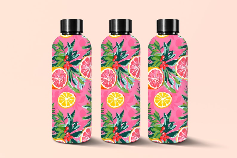 May include: Three pink water bottles with a citrus fruit and leaf pattern. The bottles have black lids.
