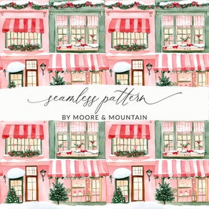 May include: A seamless pattern featuring a repeating design of pink and white striped awnings over pink storefronts with green windows and snow-covered roofs. The storefronts have red and white striped awnings and are decorated with greenery and red bows. The pattern is perfect for holiday crafts and projects.