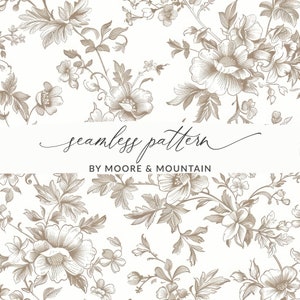 Patrón sutil de toile francés sin costuras con enredaderas y flores, fondo de enredaderas florales sin costuras en blanco y dorado, fondo elegante para bodas