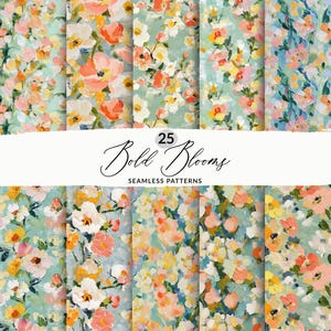May include: A set of 25 digital seamless patterns featuring bold, colorful floral designs. The patterns are perfect for creating backgrounds, wrapping paper, fabric, and more.