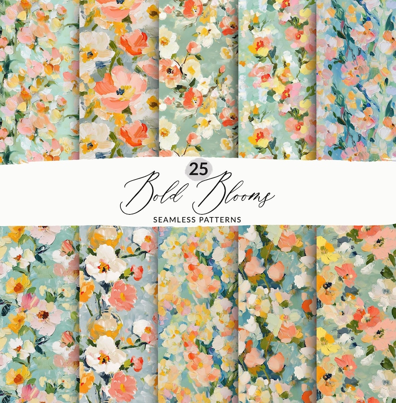 May include: A set of 25 digital seamless patterns featuring bold, colorful floral designs. The patterns are perfect for creating backgrounds, wrapping paper, fabric, and more.