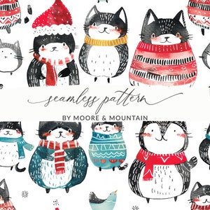 Patrón de gatos sin costuras, fondo navideño de gatos, patrón de gatitos de invierno, papel digital con patrón sin costuras de gatos lindos navideños