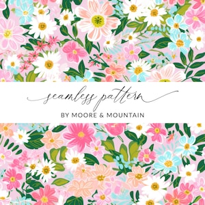 Ditsy Floral Pattern Pink and Blue Seamless Ditsy Flowers Background, Light Blue Floral Pattern, Seamless Daisies Background Commercial Use