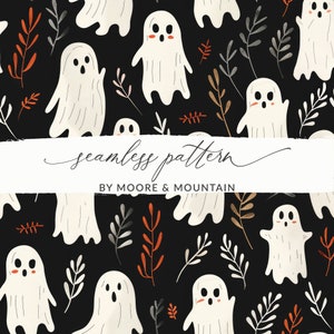 May include: A seamless pattern featuring white ghosts with black eyes and mouths on a black background. The ghosts are surrounded by stylized white, gray, and orange leaves.