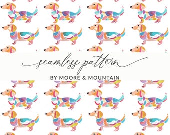 May include: A repeating pattern featuring watercolour dachshund dogs in a variety of colours. The dogs are in shades of yellow, blue, purple, and pink. The words "seamless pattern" and "BY MOORE & MOUNTAIN" are also visible.