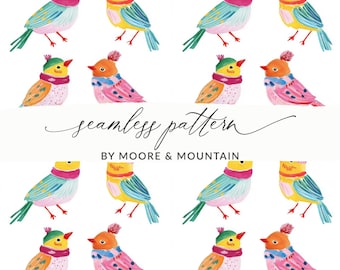 Watercolor Birds Digital Seamless Pattern, Cute Bird Fabric Design, Repeating Bird Motif, Bird Digital Paper Pack, Download Christmas Birds