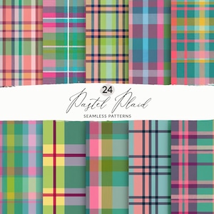 Puede incluir: 24 patrones de cuadros pastel sin costuras en varias combinaciones de colores. Los patrones presentan una mezcla de rosa, azul, verde, amarillo y blanco.