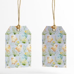 May include: Two light blue gift tags with a repeating pattern of yellow chicks, green leaves, and blue eggs. The tags are hanging from twine.