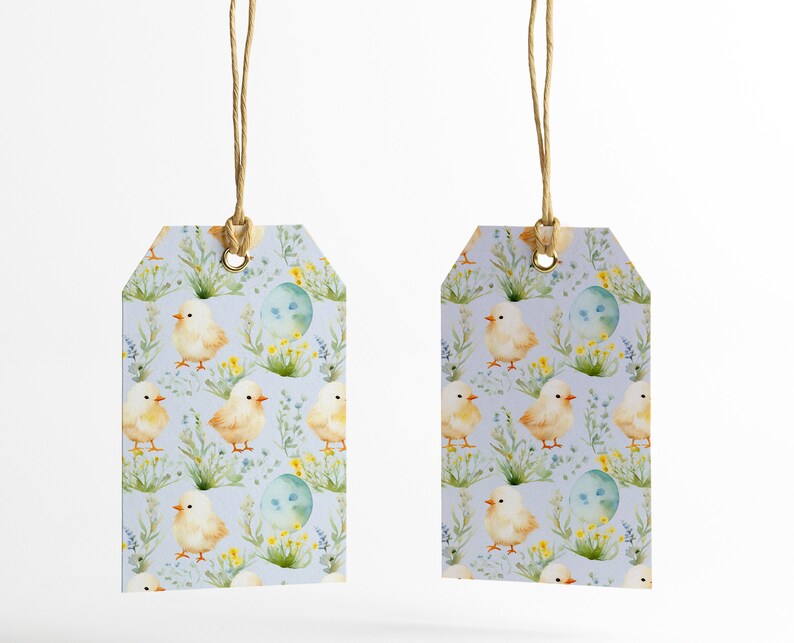 May include: Two light blue gift tags with a repeating pattern of yellow chicks, green leaves, and blue eggs. The tags are hanging from twine.