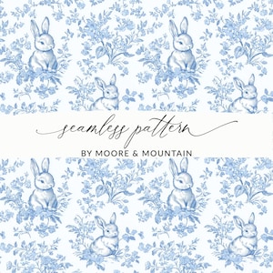 Peut inclure: Un motif sans couture représentant des lapins bleus et des motifs floraux sur un fond blanc. Le texte "seamless pattern" et "BY MOORE & MOUNTAIN" est inclus dans le motif.