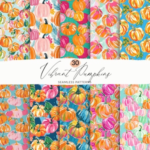 May include: 30 vibrant pumpkin seamless patterns. The patterns feature a variety of colors, including orange, pink, green, and blue. The pumpkins are arranged in a variety of patterns, including stripes, polka dots, and floral designs.