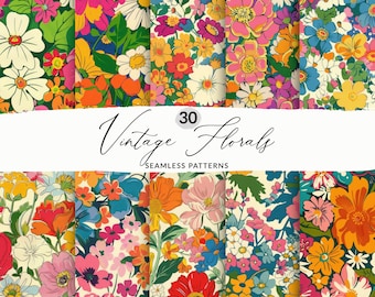 30 Retro Floral Patterns, Vintage Floral Background Patterns Seamless 60s Floral Patterns For Fabric, Colorful Flower Background PNG Images