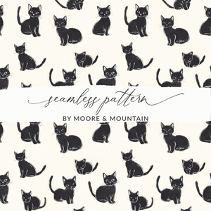 Może przedstawiać: Wzór bez szwów z czarnymi kotami w różnych pozach na kremowym tle. Wzór nosi tytuł "seamless pattern" z tekstem "by Moore & Mountain" poniżej.