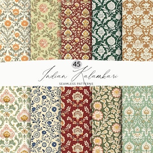 Puede incluir: Una colección de 45 patrones sin costuras indios Kalamkari. Los patrones presentan diseños florales y botánicos en varios colores, incluyendo naranja, verde, azul y rojo. Se muestra el texto "Indian Kalamkari" y "Seamless Patterns".