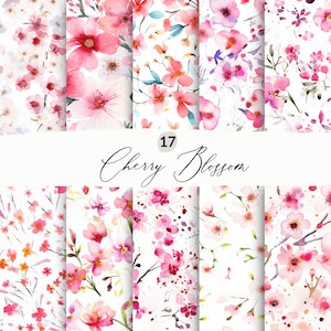 17 padrões de flor de cerejeira sem costura, fundos sem emenda de flor de cerejeira em aquarela, papéis digitais, papel de scrapbook de flor de cerejeira fofo