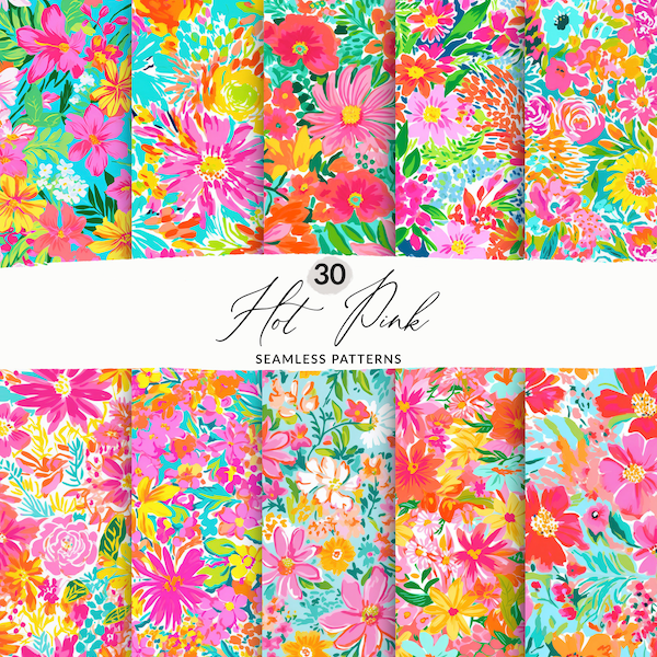 30 Hot Pink Ditsy Floral Seamless Patterns Bright Pink Flowers, Preppy Flower Patterns, Pink Preppy Patterns, Seamless Neon Pink Florals