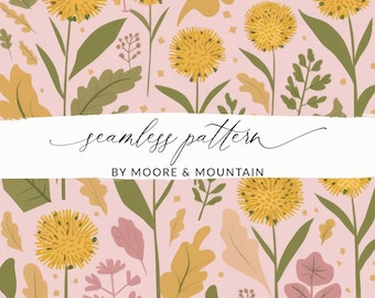 Seamless Dandelion Pattern Background, Dandelion Repeating Pattern, Seamless Dandelion Background Digital Paper Pink and Orange Pattern