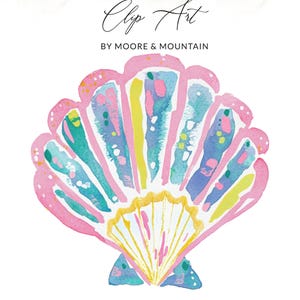 May include: Watercolor clip art of a seashell in shades of pink, blue, yellow, and green. The shell has a pink outline and a fan-like interior with colorful stripes. The text "Clip Art" and "BY MOORE & MOUNTAIN" are at the top.
