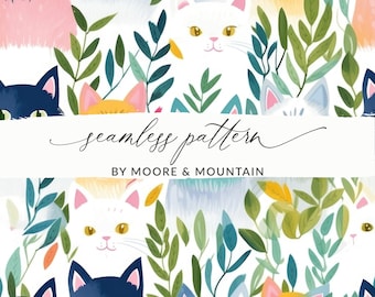 Fundo de gatos sem costura, padrão de repetição de gatos pintados, padrão de fundo de gatos em aquarela, padrão de gatinho sem costura, arquivo de gatos tropicais