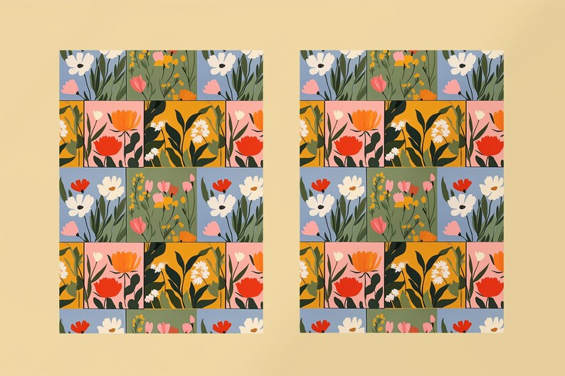 May include: A seamless pattern featuring a variety of colourful flowers in a patchwork design. The flowers are arranged in a grid pattern, with each square containing a different flower arrangement. The flowers are a mix of pink, orange, yellow, and white.