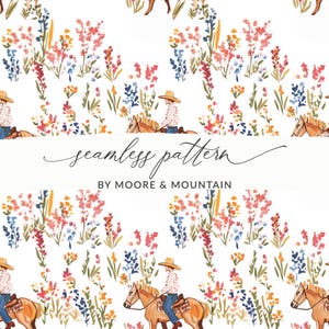 May include: A seamless pattern featuring watercolor illustrations of wildflowers in shades of red, blue, and yellow, with a person riding a horse. The text "seamless pattern" and "BY MOORE & MOUNTAIN" are also included.
