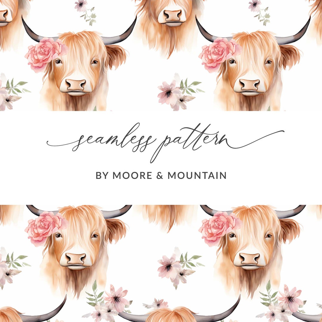 Seamless Highland Cow Pattern, Boho Highland Cow Digital Paper ...