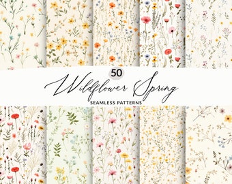 50 Wildflower Seamless Background, Boho Wildflower Seamless Pattern Pack, Watercolor Wildflowers Digital Paper Pack, Seamless Pressed Flower