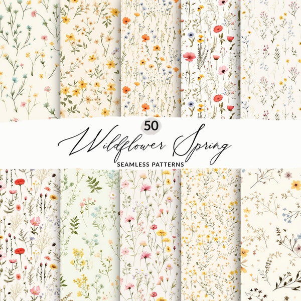 50 fleurs sauvages sans soudure de fond, paquet de motifs sans couture Boho fleurs sauvages, paquet de papier numérique aquarelle fleurs sauvages, fleurs pressées sans couture