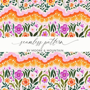 May include: A seamless pattern design featuring a cream background with colorful flowers, green leaves, and wavy orange and pink accents. The text "seamless pattern" and "BY MOORE & MOUNTAIN" are displayed on a white banner.