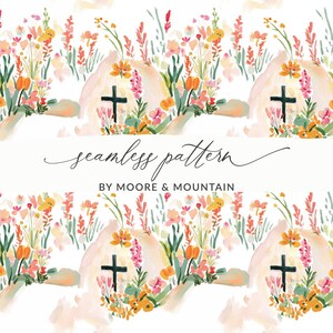 May include: Seamless pattern featuring a watercolor design with a cross, flowers, and the text "seamless pattern" by Moore & Mountain. The design includes a cross, flowers, and a tomb, with a soft, pastel color palette.