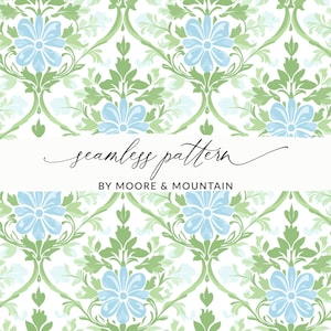 May include: Seamless pattern featuring a repeating floral design with light blue flowers and green foliage on a white background. The text "seamless pattern" is written in cursive, with "BY MOORE & MOUNTAIN" below.