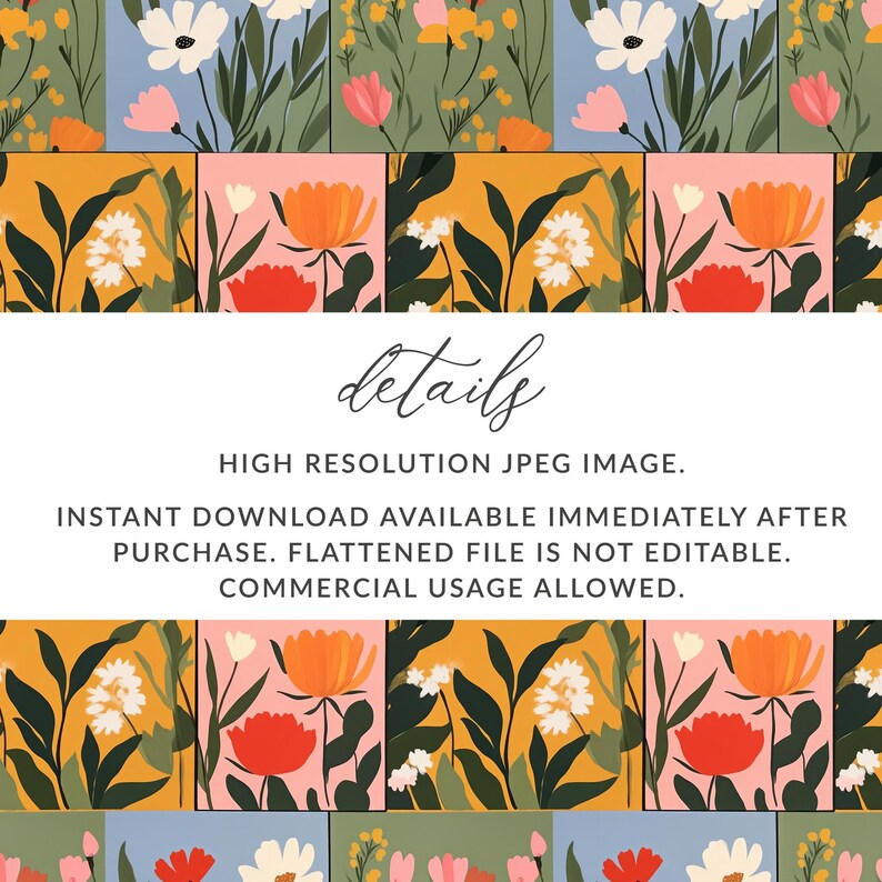 May include: A seamless pattern featuring a variety of colourful flowers and leaves on a yellow, pink and blue background. The pattern is perfect for use in digital and printed projects.