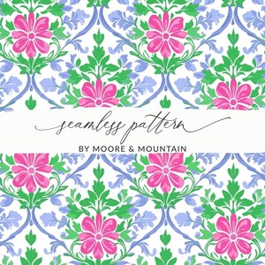 May include: A seamless pattern featuring pink flowers, green leaves, and blue accents on a white background. The design includes the text "seamless pattern" and "BY MOORE & MOUNTAIN". This floral pattern is suitable for various design applications.
