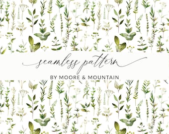 Gentle Watercolor Pattern Green Leaves Seamless Watercolor Background Seamless Herbs Pattern, Apothecary Herbs Background Pattern File