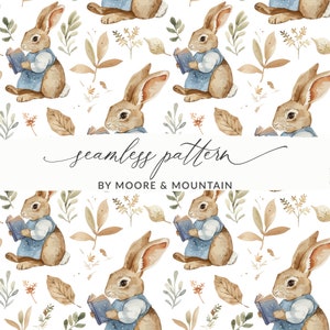 May include: A seamless pattern featuring watercolor illustrations of brown rabbits reading books, surrounded by green and brown leaves. The text "seamless pattern" and "BY MOORE & MOUNTAIN" is included in the design.