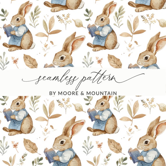 Cottagecore Rabbit Seamless Background, Bunny Reading Book Seamless Pattern, Cute Rabbit Boys Seamless Background for Commercial Use