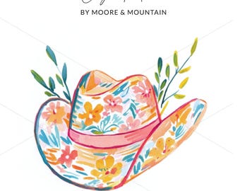 Arte digital con sombrero de vaquero floral preppy, descarga de imágenes prediseñadas de acuarela, gráficos del lejano oeste, PNG SVG del oeste, fondo transparente, archivo vectorial