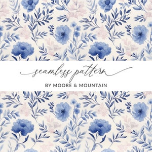 Blue Watercolor Chinoiserie Seamless Pattern Chinese Floral Design, Seamless Floral Chinoiserie Background, Delicate Floral Pattern