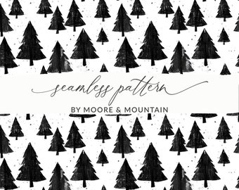 May include: A seamless pattern featuring hand-drawn black fir trees on a white background. The design includes the text "seamless pattern" and "BY MOORE & MOUNTAIN". The trees vary in size and are evenly spaced, creating a repeating forest motif.