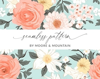 Pastel Vintage Floral Seamless PNG, Seamless Vintage Floral Light Blue and Pink Modern Flower Pattern, Commercial Use Preppy Flower Pattern